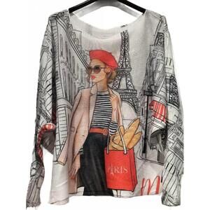 NEW LOOWIE women's paris baguette round neck printed sweater in white/black/red
